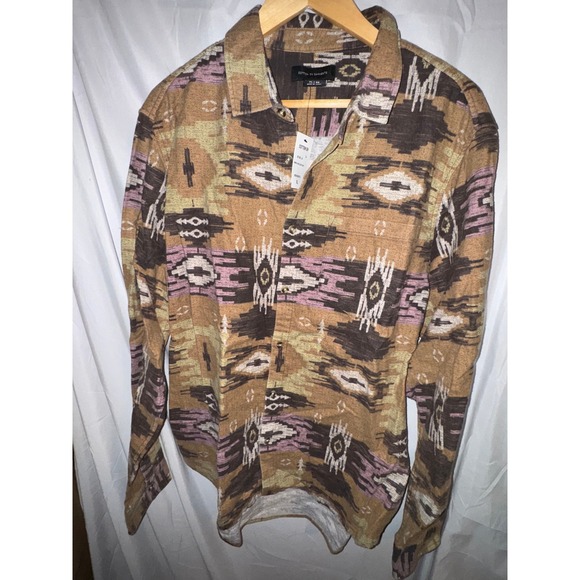 Cotton On Mens Camden Aztec Long Sleeve Shirt Khaki Tribal Pattern, Size XL, NWT - Picture 2 of 6